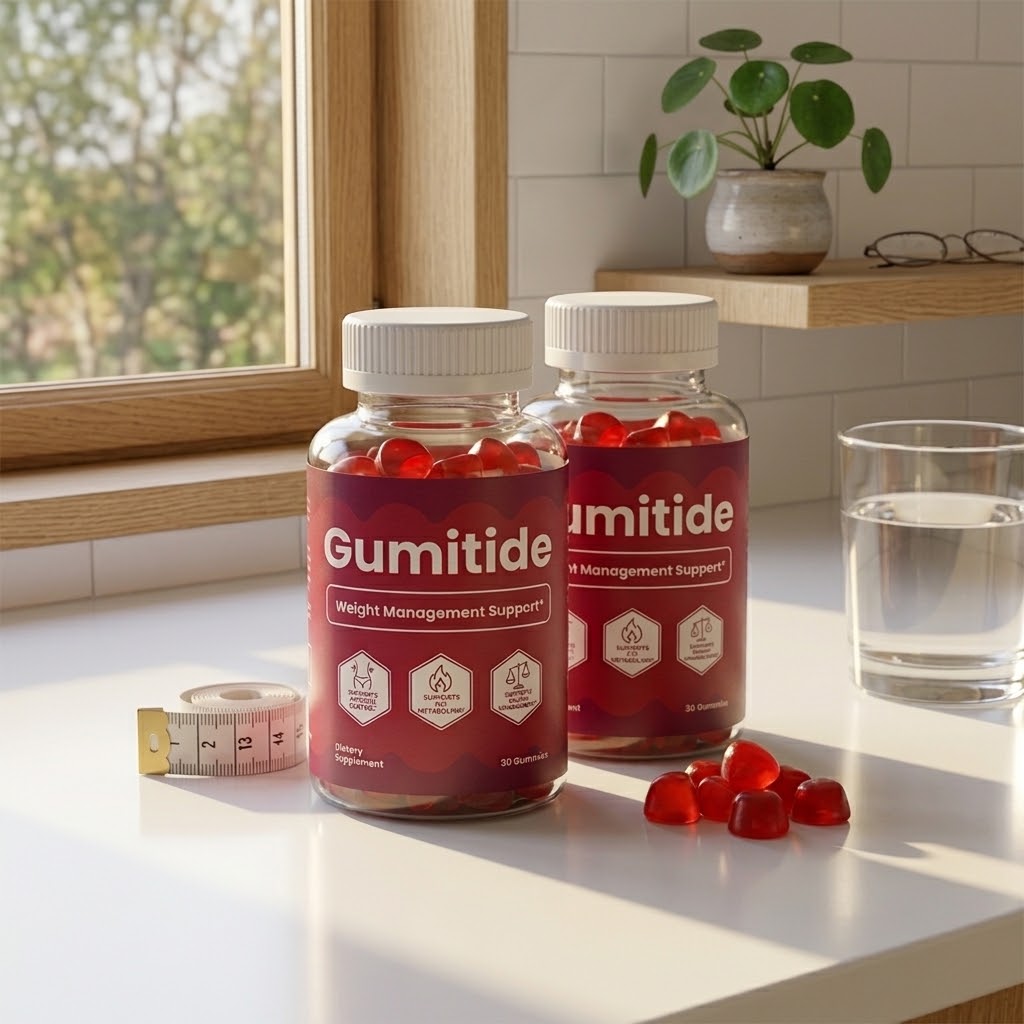 Gumitide bottles with a glass of water on a kitchen counter